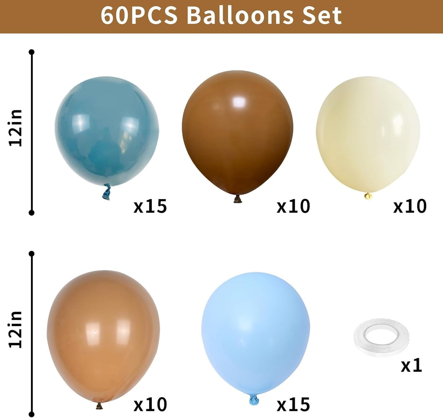 Blue Brown Balloons Set, 60 PCS Slate Blue Macaron Blue Cream Beige Party Balloons and Retro Brown Coffee Latex Helium Balloon, for Baby Shower, Bear, Jungle and Boho Theme Party Decoration