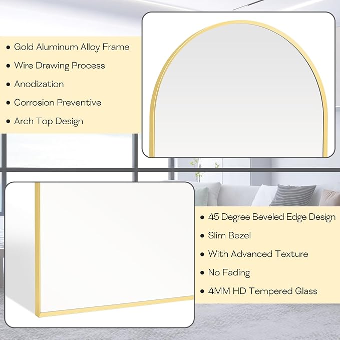 30" x 48" Gold Arched Mirror, Arch Wall Mirror, Metal Frame Black Bathroom Mirror, Arched Top Bathroom Vanity Mirror for Living Room, Bedroom, Entryway, Tempered Glass, Shatter Proof