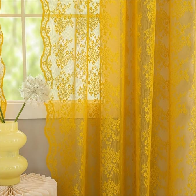 YJ YANJUN Vintage Lace Curtains Boho Sheer Kitchen Curtain Panels 45 inch Length by YJYANJUN