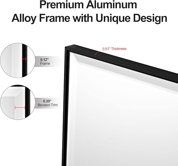 24x40 Inch Black Mirror with Beveled Trim, Aluminum Frame Bathroom Vanity Mirror, Copper-Free Mirror, Rectangle Wall Mounted Mirror, Modern Rectangular Mirror Horizontal or Vertical