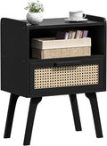 Lerliuo Rattan Nightstand, Bedside Table with Drawer Open Shelf, Cane Accent Side End Table with Solid Wood Legs, Black Mid Century Night Stand for Bedroom, Dorm and Small Spaces