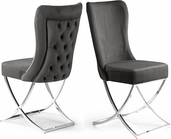 Ottomanson Royal Dining Chairs Set of 4 – Upholstered Tufted Microfiber, Assembled, Silver Metal Legs, Beech Wood Frame, 350 lb Capacity, Gray