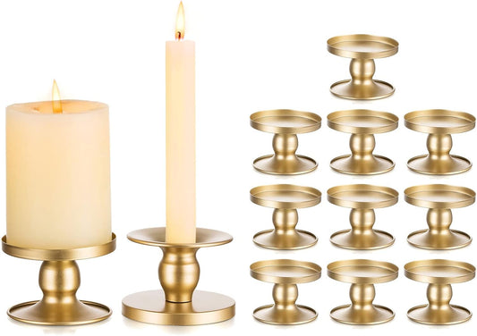 Candle Holders for Pillar Candles, Romadedi Gold Pillar & Taper Candle Holder, Small Metal Candle Stick Candle Holder for Wedding, Dining Room Table Centerpiece, Holiday Decor, 12 Pcs