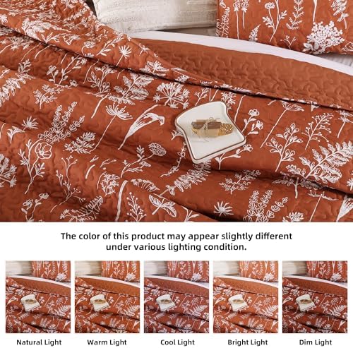Quilt King Size, Terracotta Quilt Bedspread Floral Bedding Set 3 Pcs - Image 4
