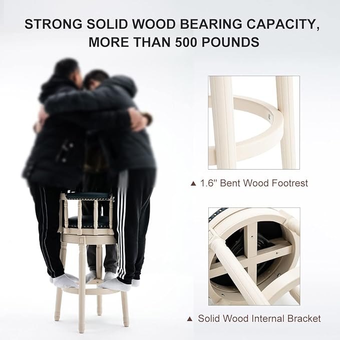 Cow top Leather Wooden Bar Stools, 360 Degree Swivel Bar Height Chair with Backs for Home Kitchen Counter, Morden Chair Barstools (Ivory Wood 1pc-Cream Seat, Counter Height-Seat Height 26”)