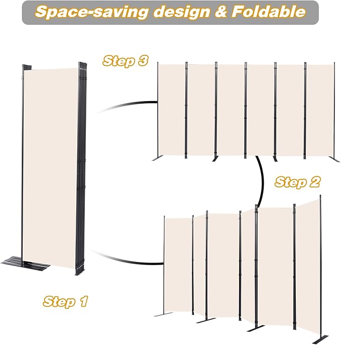 Room Divider, 6 Panel Folding Privacy Screens with Wider Support Feet, 6 Ft Portable Room Partition for Room Separator, 132" W X 71" H, Beige