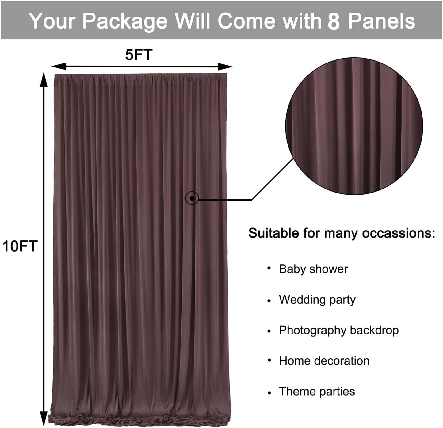 40 ft x 10 ft Wrinkle Free Brown Backdrop Curtain for Parties, Wedding Brown Photo Backdrop Drapes, Fabric 8 Panels 5ft x 10ft for Baby Shower Photoshoot Engagement Birthday Photography Background