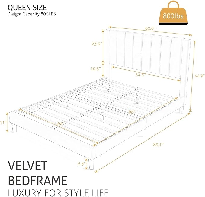 SHA CERLIN Queen Bed Frame/Velvet Upholstered Platform Bed Frame with Headboard/Strong Wood Slats Support/Mattress Foundation/No Box Spring Needed - Pink