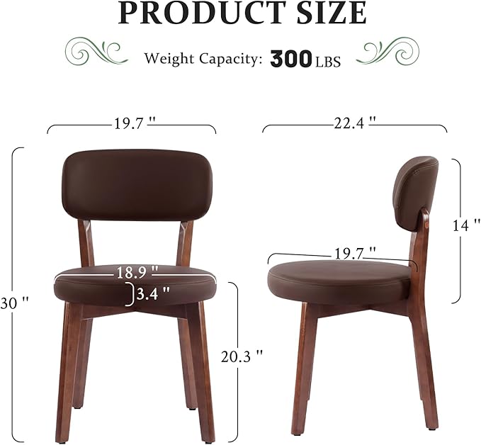 Furniliving Wooden Dining Chairs Set of 4, Mid-Century Modern Leather Upholstered Kitchen Chair with Solid Oak Wood, Farmhouse Dining Room Chairs, Brown