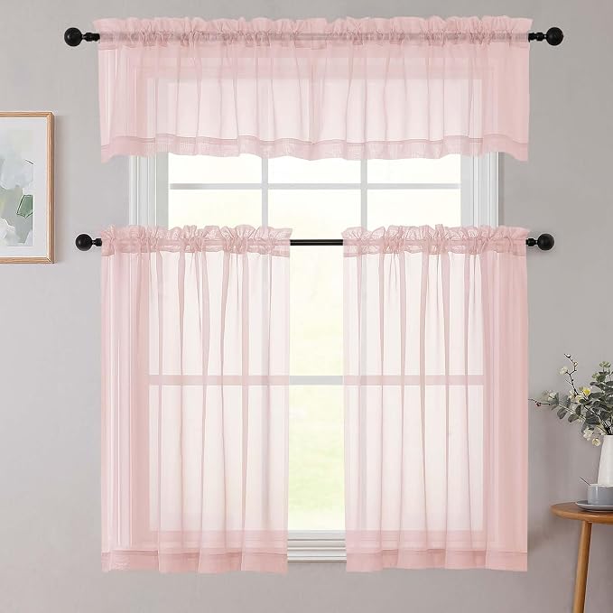 Blush Kitchen Curtains 30 Inch Length Tier 2 PCS, Solid Soft Airy Half Curtains - Image 8