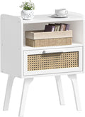 Lerliuo Rattan Nightstand, Bedside Table with Drawer Open Shelf, Cane Accent Side End Table with Solid Wood Legs, White Mid Century Night Stand for Bedroom, Dorm and Small Spaces