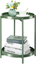 danpinera 2 Tier Metal Side Table with Removable Tray, Folding End Table Outdoor Small Accent Table, Anti-Rust Green Nightstand for Bedroom Balcony Patio, Set of 2 (Dark Green)