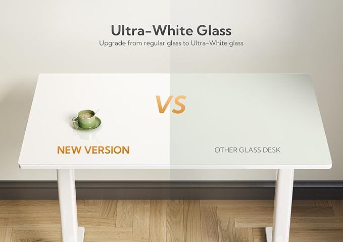 Claiks Glass Standing Desk, 48x24 Inch White Standing Desk Adjustable Height Electric Stand Up Quick Install for Computer Desks, Super White