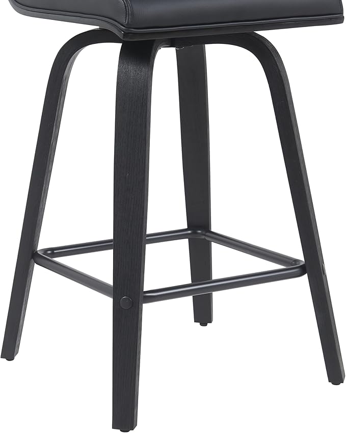 Vienna Modern Counter Height Swivel Bar Stool with Black Faux Leather Seat and Black Brushed Wood Frame Set of 2