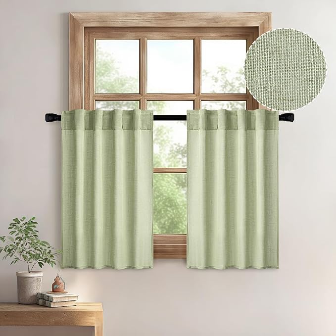 MIULEE Sage Green Kitchen Curtains 30 Inch Length 2 Panels, Soft Thick Linen by MIULEE