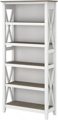 Bush Furniture Tall 5 Shelf Bookcase for Living Room or Home Office, Large Bookshelf, Modern Farmhouse Style, Key West Collection, Pure White and Shiplap Gray