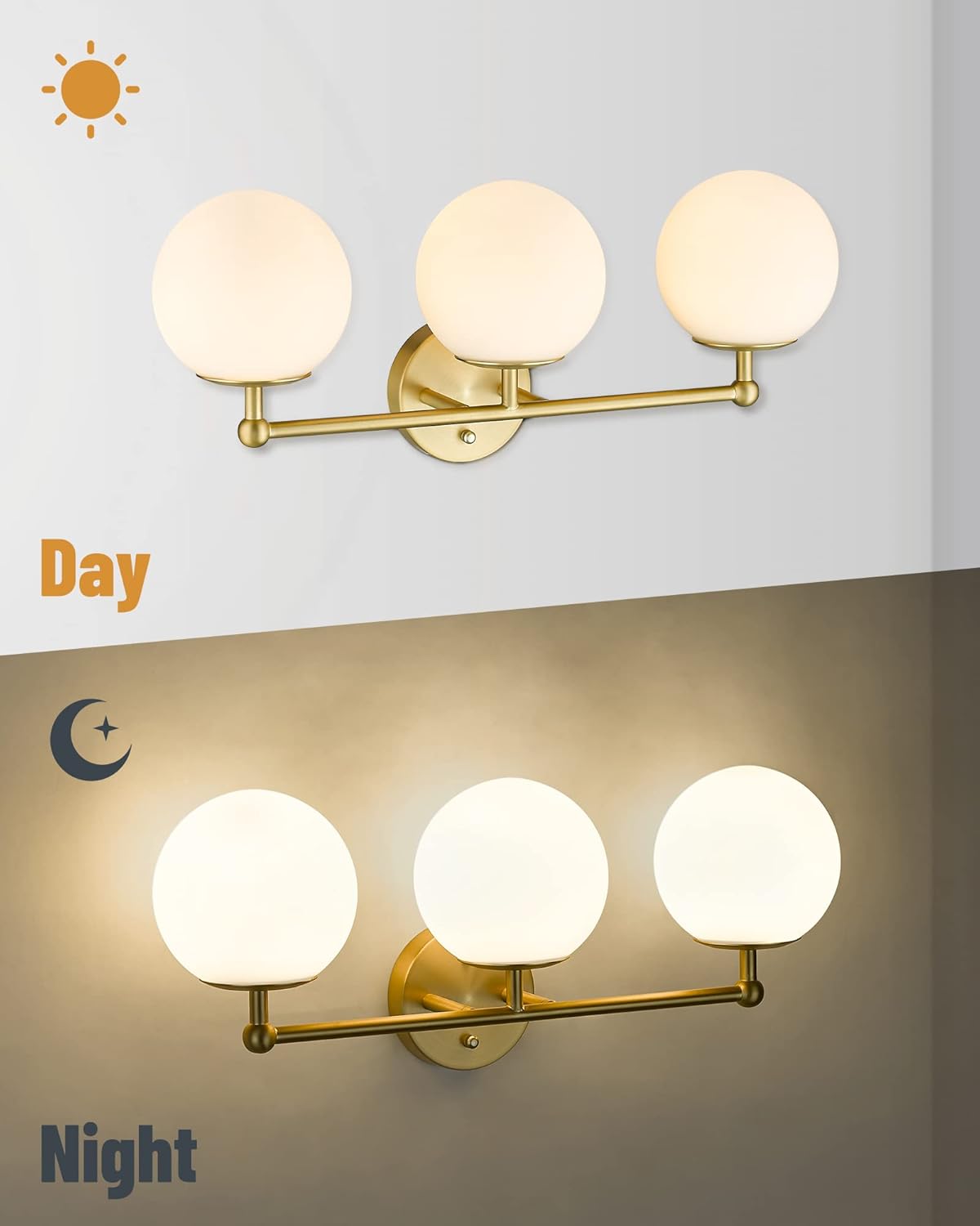 Gold Vanity Light for Bathroom, Modern Bathroom Light Fixtures Over Mirror Brushed Gold Vanity Lights 3-Light Wall Sconce with Milky Glass Globe Shade for Mirror Living Room Bedroom Hallway