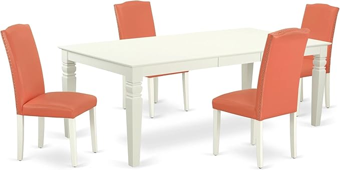 East West Furniture LGEN5-LWH-78 5 Piece Dinette Set Includes a Rectangle Dining Room Table with Butterfly Leaf and 4 Pink Flamingo Faux Leather Parsons Chairs, 42x84 Inch, Linen White