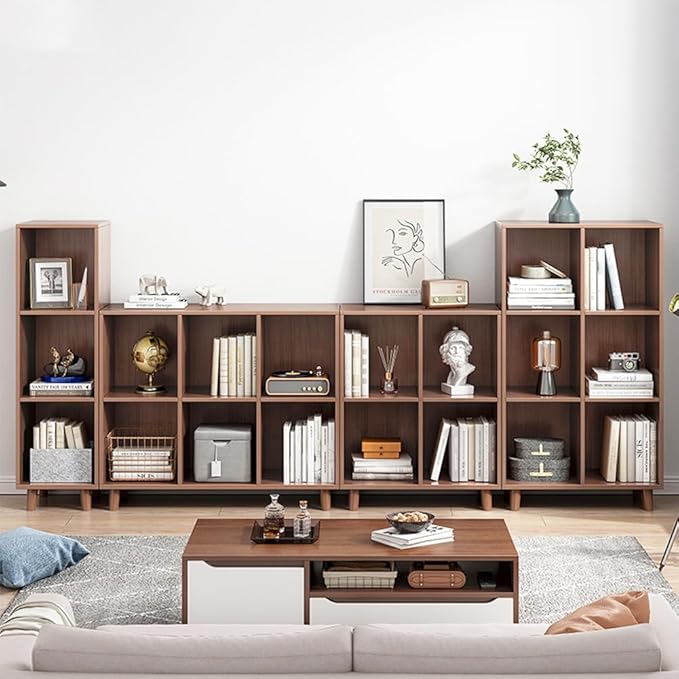 IOTXY Open Cube Low Bookcase - 3-Tier Freestanding Storage Display Cabinet Organizer with Legs for Home Office, 9-Cubes Open Shelf Short Bookshelf, Walnut