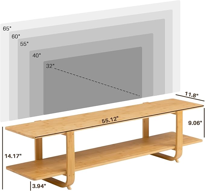 HollyHOME Bamboo TV Stand with Storage for TVs up to 65'', Modern Entertainment Center with 2 Open Shelf, Accent TV Media Console Table for Living Room, Bedroom, 55"(L), Burlywood