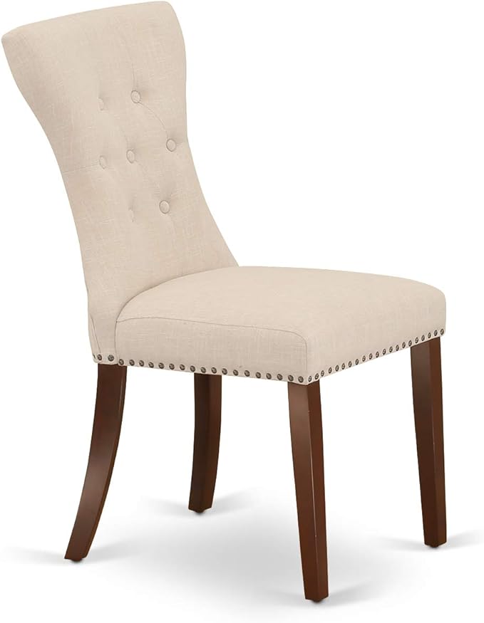 East West Furniture DLGA3-MAH-32 3 Piece Modern Dining Table Set Contains a Round Wooden Table with Dropleaf and 2 Light Beige Linen Fabric Parsons Dining Chairs, 42x42 Inch, Mahogany