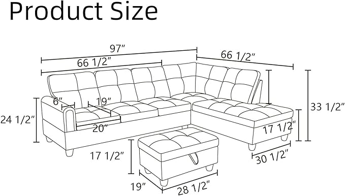Convertible Leather Sectional Couch, Modern L Shaped Couch with Storage, Large Modular 5-Seat Sectional Sofa with Ottomans for Living Room and Office, Dark Grey