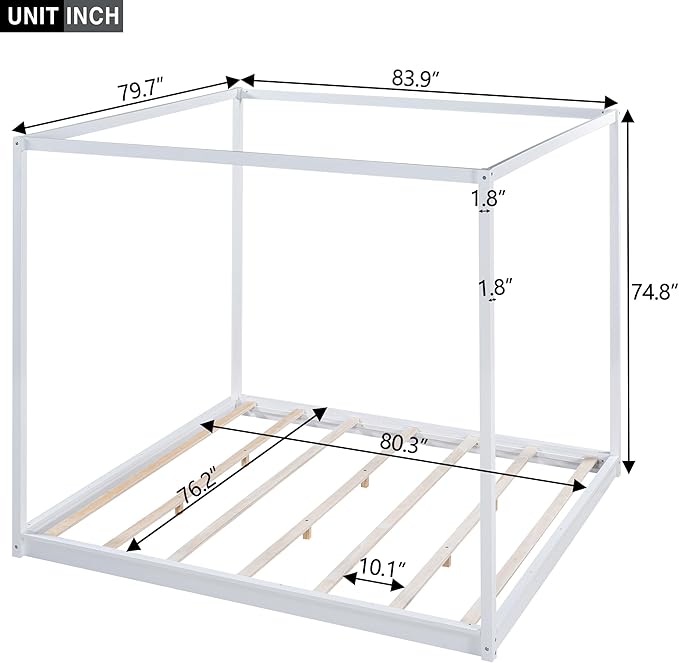 King Size Canopy Platform Bed with Support Legs,Solid Wood Bed Frame,4-Post Canopy-Platform-Bed for Kids Teens Adults, No Box Spring Needed,White