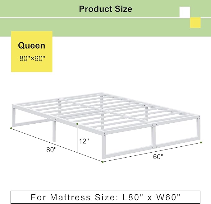EMODA 12 Inch White Queen Bed Frame, Metal Queen Platform Bed Frame No Box Spring Needed, Heavy Duty Steel Slats Support, Easy Assembly, Noise Free