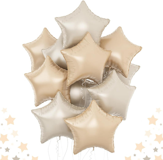Cream Star Balloons, 18Inch Caramel Cream Stars Shape Foil Balloons, 12Pcs Beige Neutral Pentagram Foil Helium Balloon for Boho Party Girls Women Birthdays Wedding Bridal Baby Shower Party Decor