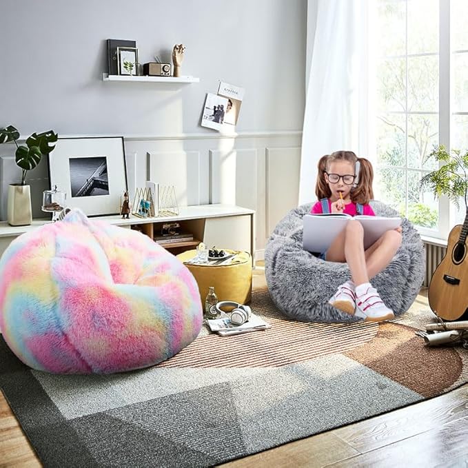 Fluffy Bean Bag Chair for Kids, 2.5FT Round Memory Foam Filled Bean Bag for Teens & Kids, Ultra Soft Faux Fur Fabric Bean Bag Chairs for Playroom, Living Room, Bedroom, Gray