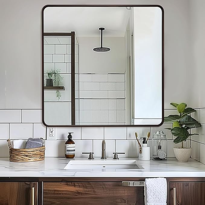 ANDY STAR 36x36 Inch Bronze Bathroom Mirror, Rounded Square Oil Rubbed Bronze Mirrors for Bathroom,Tube Metal Framed, 1’’ Deep Wall Mounted Vertically/Horizontal