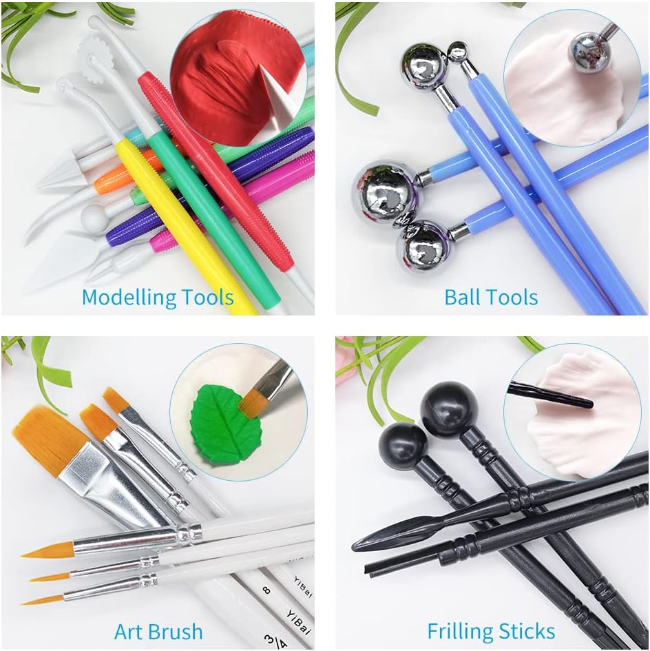 60pcs Gum paste Flower and Leaf Tool 6set Fondant Flower Silicone Molds 6set Gum Paste Cutter 20pcs Sugar Paste Modelling Tool 6pcs Brushes 1pcs Petal Leaves Veining Board Foam Pad