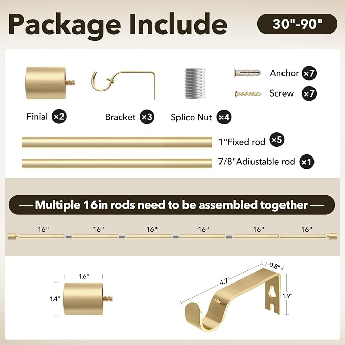 IFELS Heavy Duty Curtain Rods for Windows 48 to 84 Inch, 1 Inch Gold Curtain - Image 6