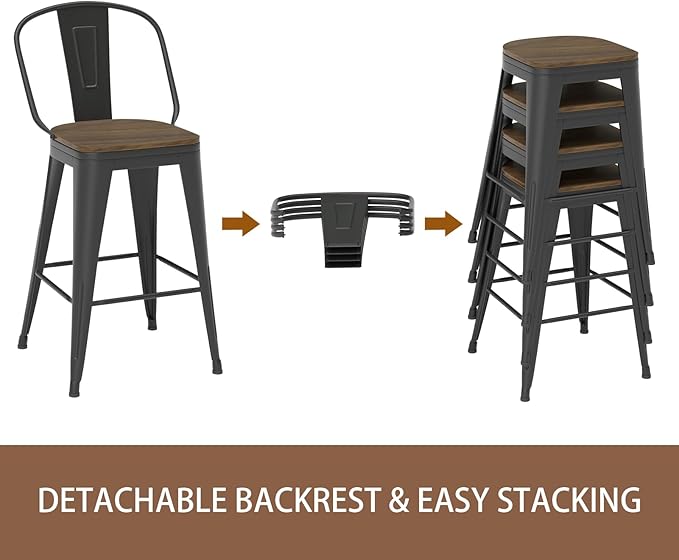 26” Swivel Bar Stools Set of 4, Counter Height Bar Stools Wooden Seat, Metal Industrial Bar Chairs with High Back for Kitchen Island (Black)