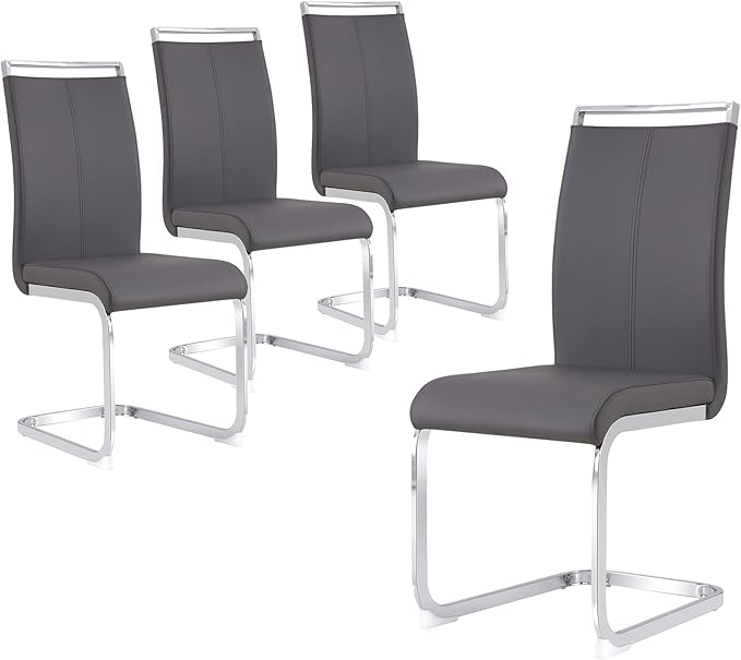 Dining Chairs Set, Kitchen Modern Metal Chairs with Faux Leather Padded Seat High Back and Sturdy Chrome Legs, Chairs for Dining Room (Grey, Set of 4)