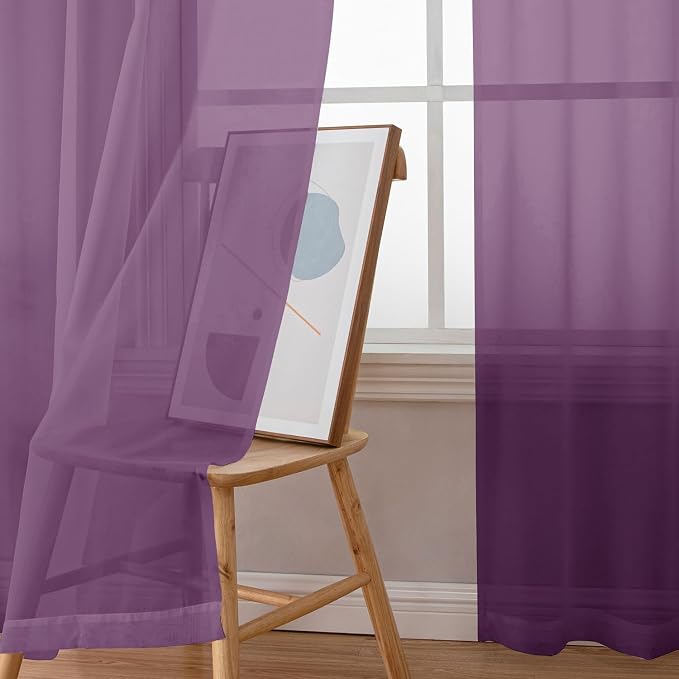 Aiyufeng Plum Purple Sheer Curtains 90 Inches Long 2 Panels, Solid Voile Top - Image 6