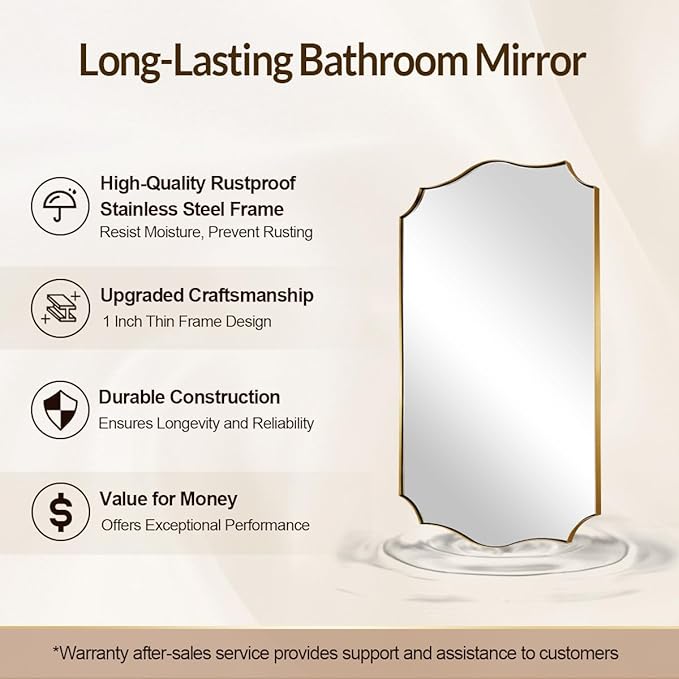 Gold Bathroom Mirror, 24"x40" Gold Asymmetrical Mirror with Scalloped Edge Design, Curved Mirror in Anti-Rust SUS304, Thin Metal Framed, 1" Deep Wall Mounted Vertically/Horizontal