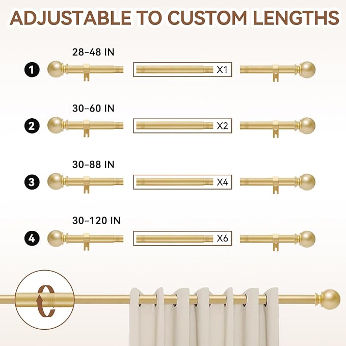 Gold Curtain Rod for Windows 30 to 60 Inch, 5/8 Inch Diameter Adjustable - Image 5