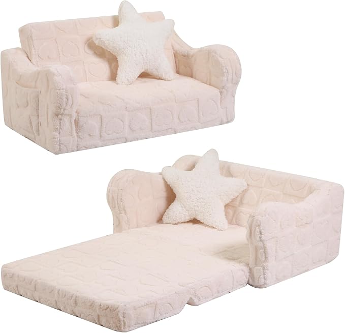 Extra Wider Seating Toddler Couch, 2-in-1 Toddler Soft Couch Fold Out with Star Pillow, Convertible Sofa to Lounger for Girls and Boys, Cream Heart