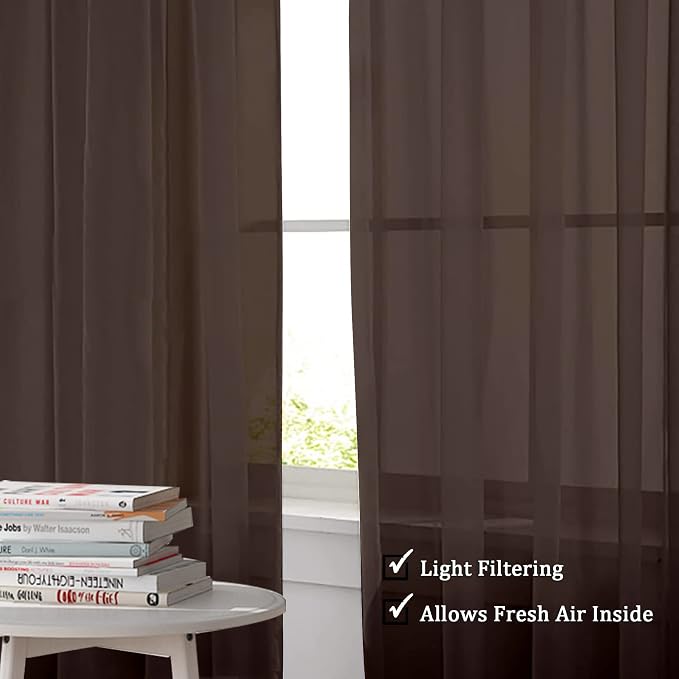 OWENIE Sheer Chocolate Curtains, Sheer Curtains 90 Inches Long 2 Panels Set - Image 3