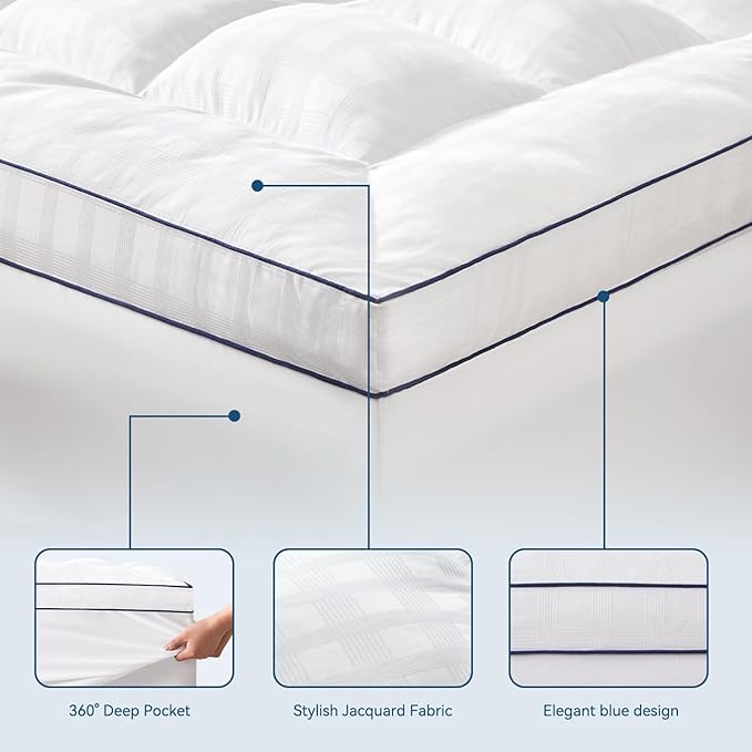 ELEMUSE King Cooling Mattress Topper, Extra Thick 1300gsm Mattress Pad for Back Pain Relief, Plush 500TC Cotton Pillow Top with Deep Pocket, Overfilled with Mixed Advansa Down Alternative Filling