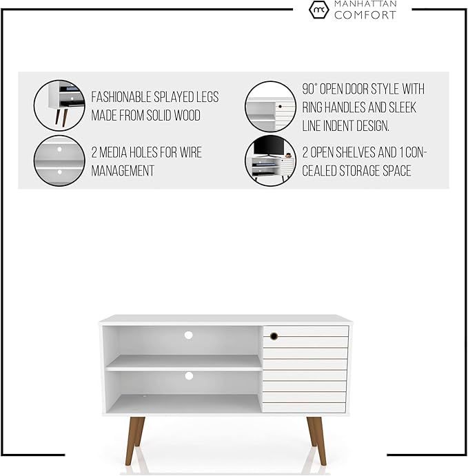 Manhattan Comfort Liberty Mid Century Modern TV Stand for Televisions up to 46 Inches, Bedroom and Living Room Entertainment Center with Storage, Shelves, and Cabinet, 43" Wide, White/Yellow