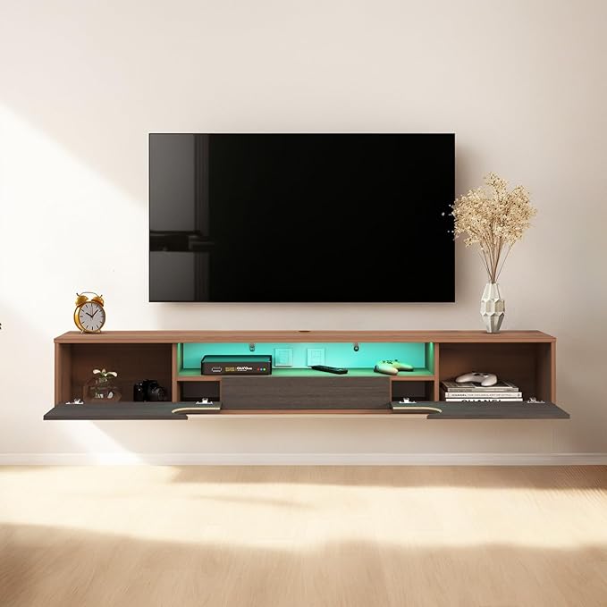 Pmnianhua Floating TV Stand with LED Lights,63'' Wall Mounted TV Cabinet Floating Under TV Shelf Media Console Entertainment Center with Storage Living Room Playroom Bedroom(Walnut)