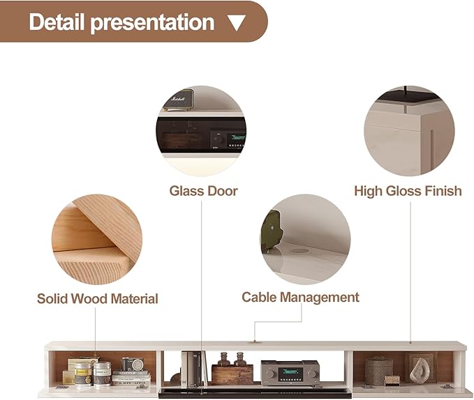 High Gloss Floating TV Stand,55'' Wall Mounted TV Console,Under TV Floating Shelf,Floating TV Cabinet with 3 Doors for Bedroom Living Room,White