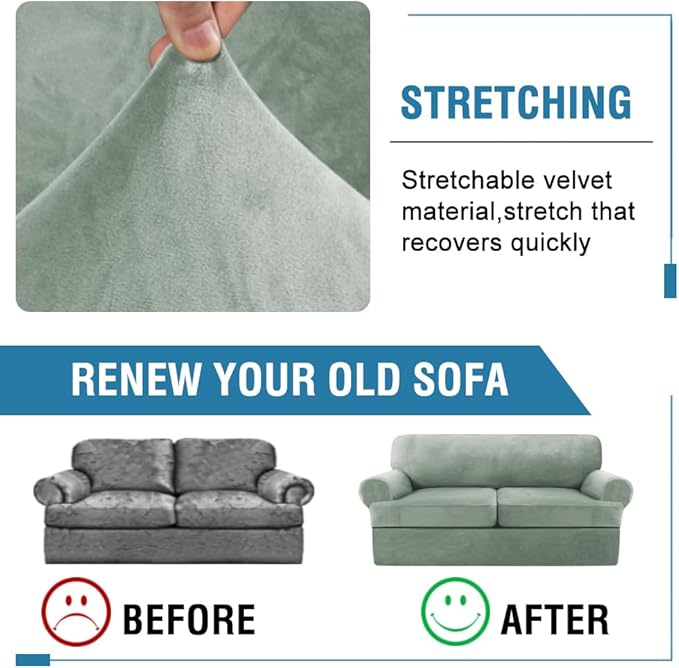 H.VERSAILTEX Sofa Cover 3 Piece T Cushion Loveseat Slipcovers Thick Velvet Couch Cover Stretch T Cushion Sofa Covers for 2 Cushion Couch with 2 Individual T Cushion Covers Washable, Sea Grass