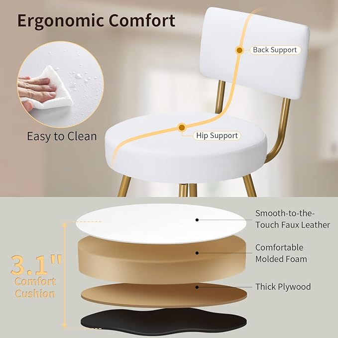 Gold White Bar Stools Set of 2, Modern Counter Height Bar Stools, 25" Upholstered Swivel Round Barstools with Back Bar Chair Island Stool for Kitchen Counter, White Gold