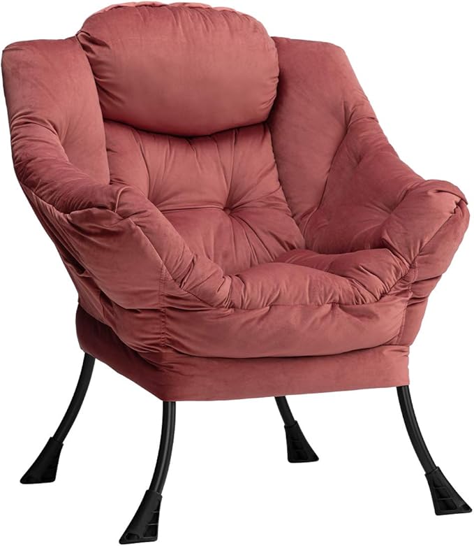HollyHOME Modern Fabric Large Lazy Chair, Accent Oversized Comfy Reading Chair, Thick Padded Cozy Lounge Chair with Armrest, Steel Frame Leisure Sofa Chair for Living Room, Bedroom, Dorm, Dusty Rose