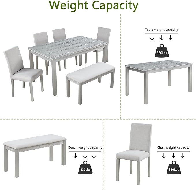 Ball & Cast 6 Piece Dining Table Set,Kitchen Table Set for 6 W/ 58.5" Rectangular Wooden Dining Table,Living Room Furniture W/ 4 Upholstered Chairs & 1 Bench,for Dining Room,Kitchen,Silver Grey