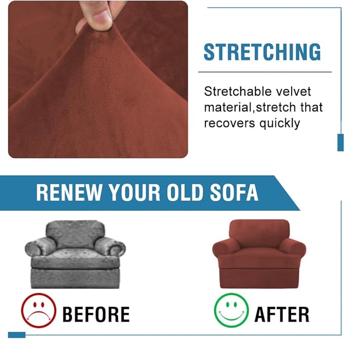 H.VERSAILTEX Sofa Cover 2 Piece T Cushion Armchair Slipcovers Thick Velvet Couch Cover Stretch T Cushion Sofa Covers for 1 Cushion Couch with 1 Individual T Cushion Covers Washable, Rust