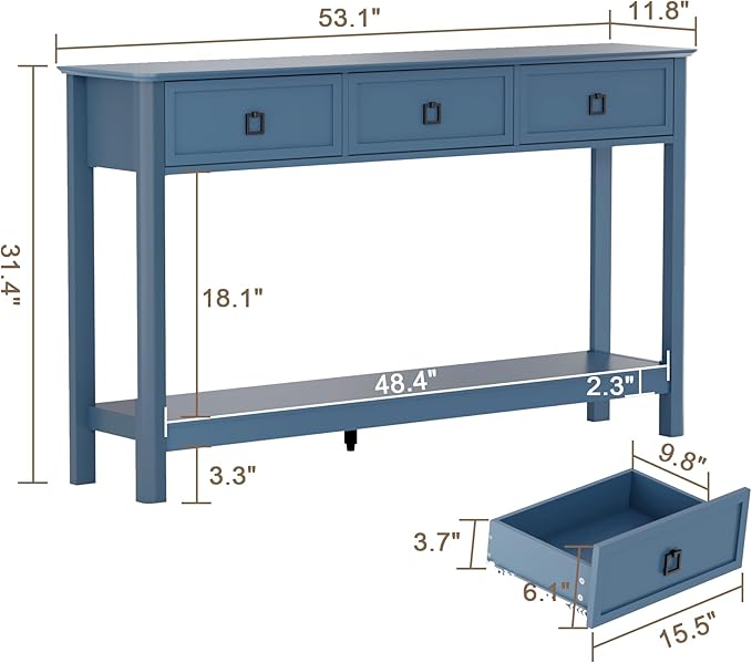 Treocho 53.1" Console Table with 3 Drawers, Modern Entryway Table, 2-Tier Narrow Long Sofa Table Behind Couch Table for Living Room, Hallway, Blue
